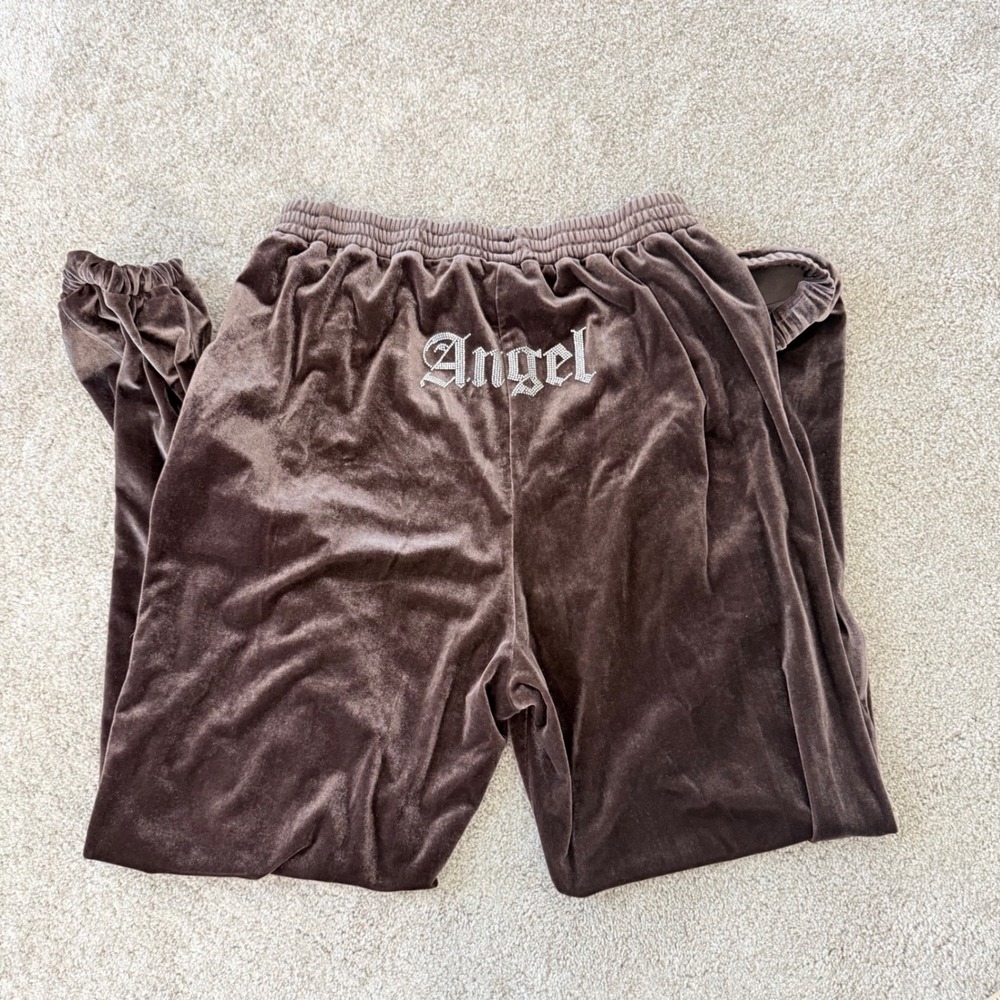 Blanc Clothing Velour‎ Joggers Pants Brown Embroidered Angel Logo Size L
